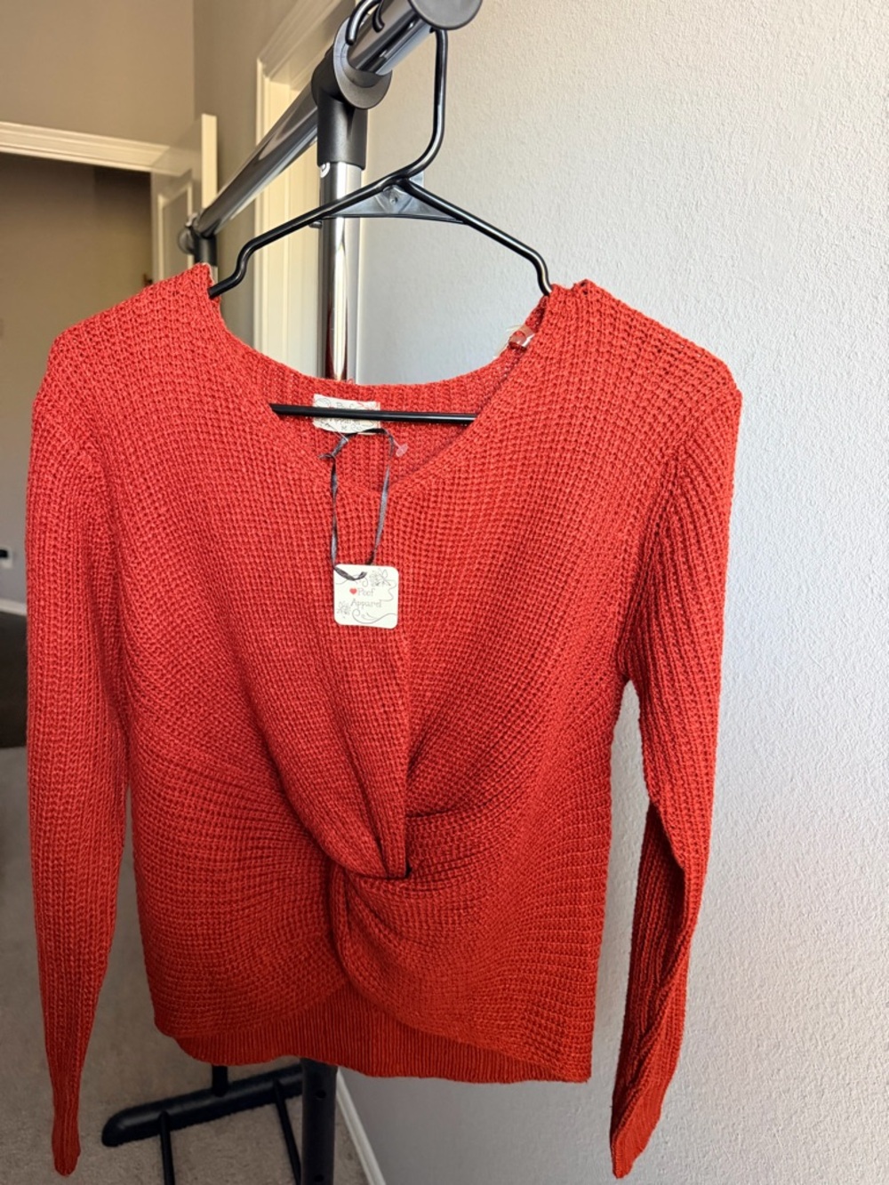 Knot Front Waffle Knit Sweater - Rust Orange